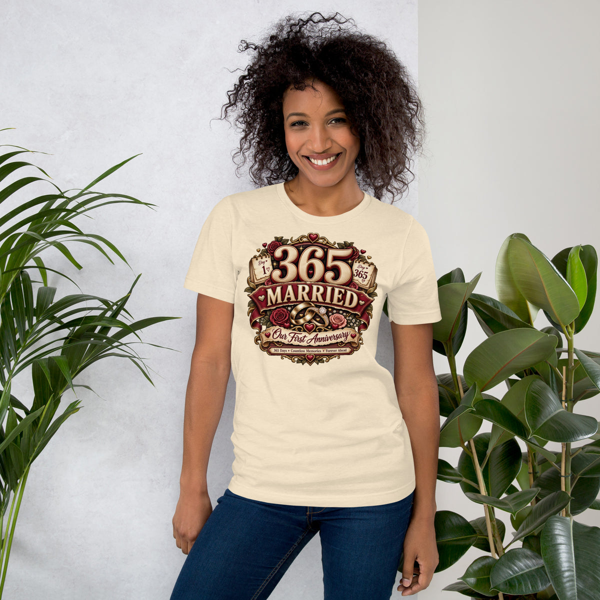 365 Days Married First Anniversary t-shirt in Heather Natural, front