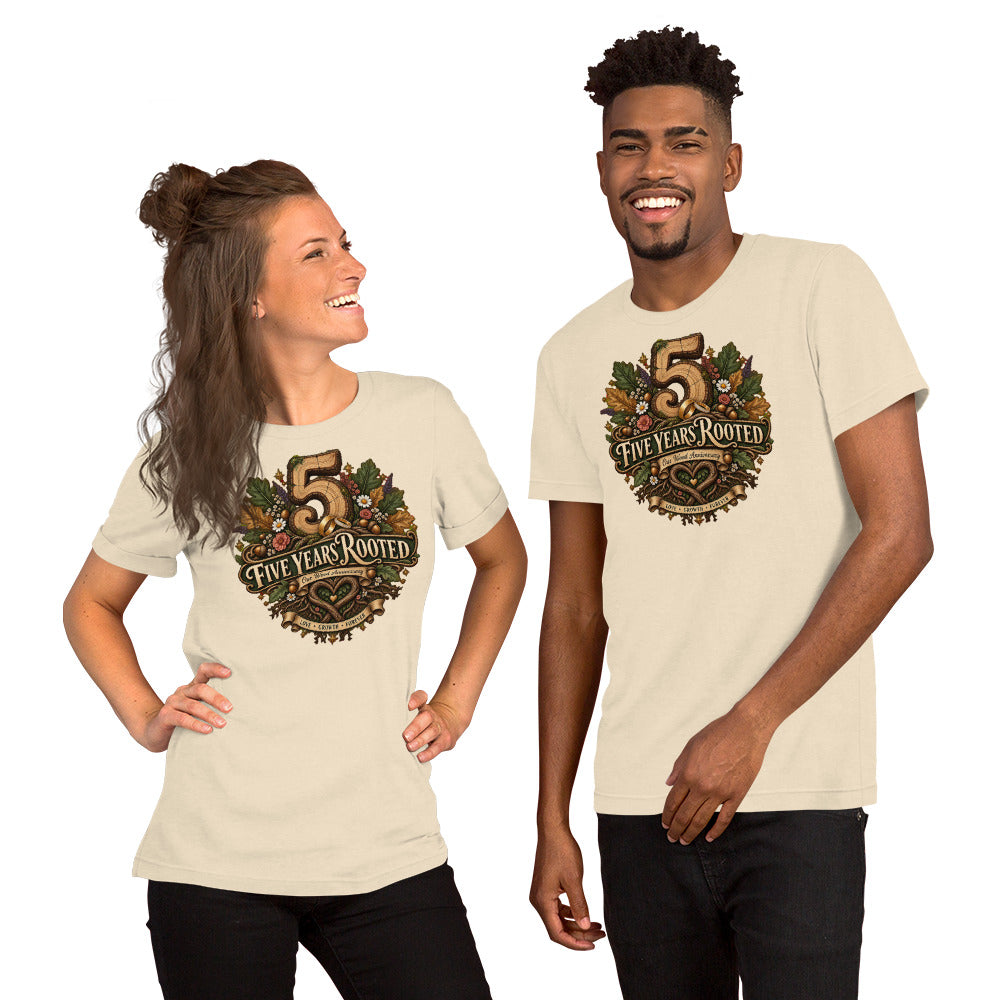 Five Years Rooted 5th Anniversary t-shirt in Heather Natural, front