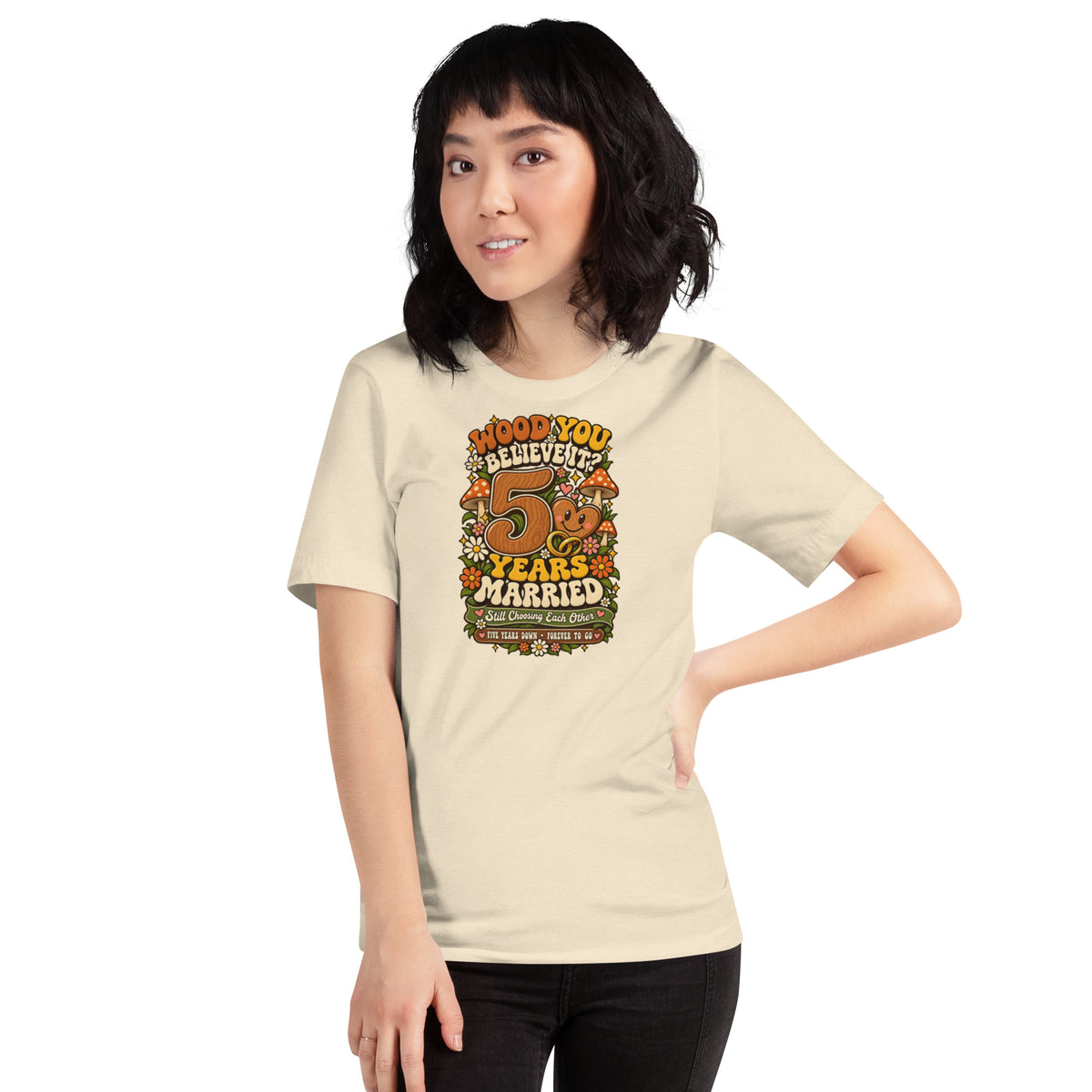 Wood You Believe It 5th Anniversary t-shirt in Heather Natural, front
