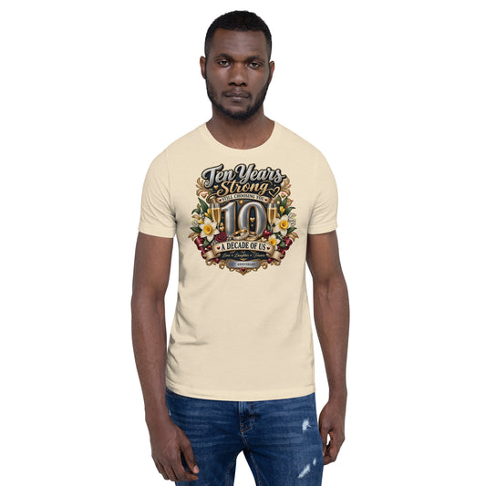 Ten Years Strong 10th Anniversary t-shirt in Heather Natural, front