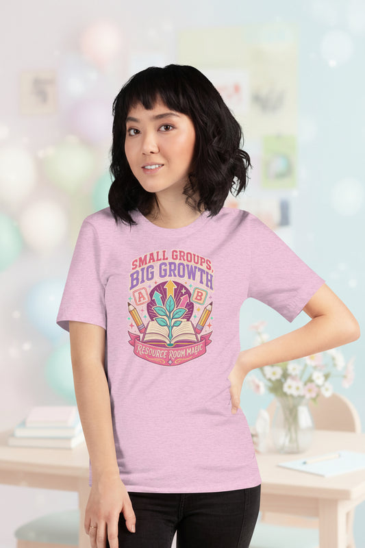 Colorful Small Groups Resource Room Teacher t-shirt in Heather Prism Lilac, front