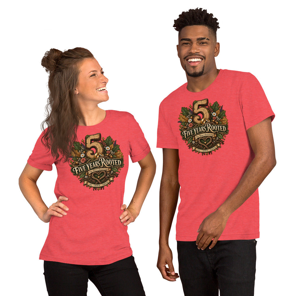 Five Years Rooted 5th Anniversary t-shirt in Heather Red, front