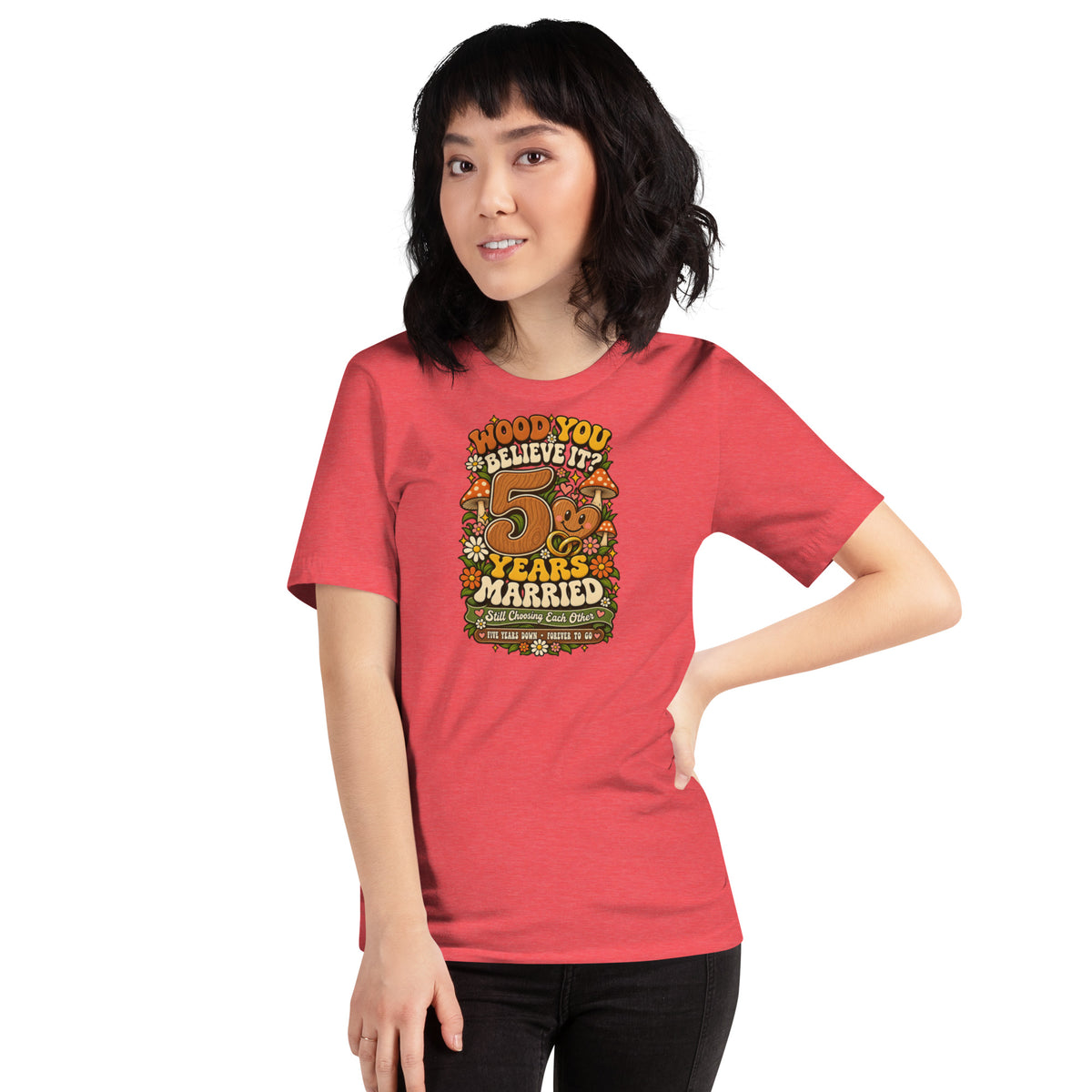 Wood You Believe It 5th Anniversary t-shirt in Heather Red, front