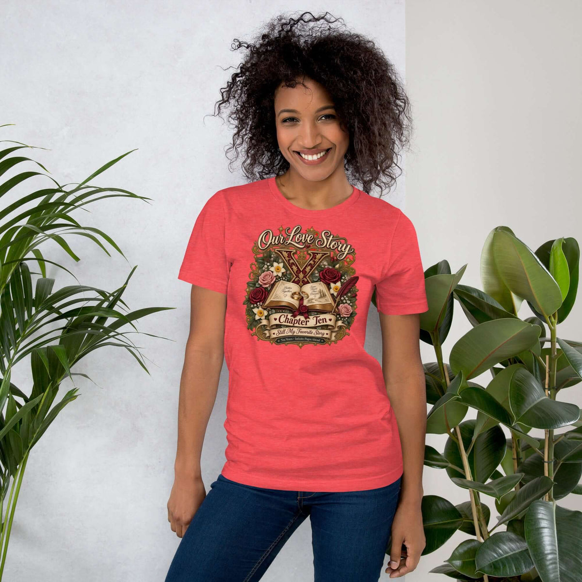 Person wearing a vibrant pink 10th anniversary t-shirt showcasing a vintage design for a love story chapter.