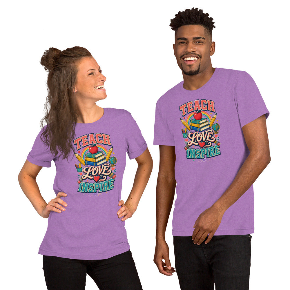 Teach Love Inspire Colorful Teacher t-shirt in Heather Team Purple, front
