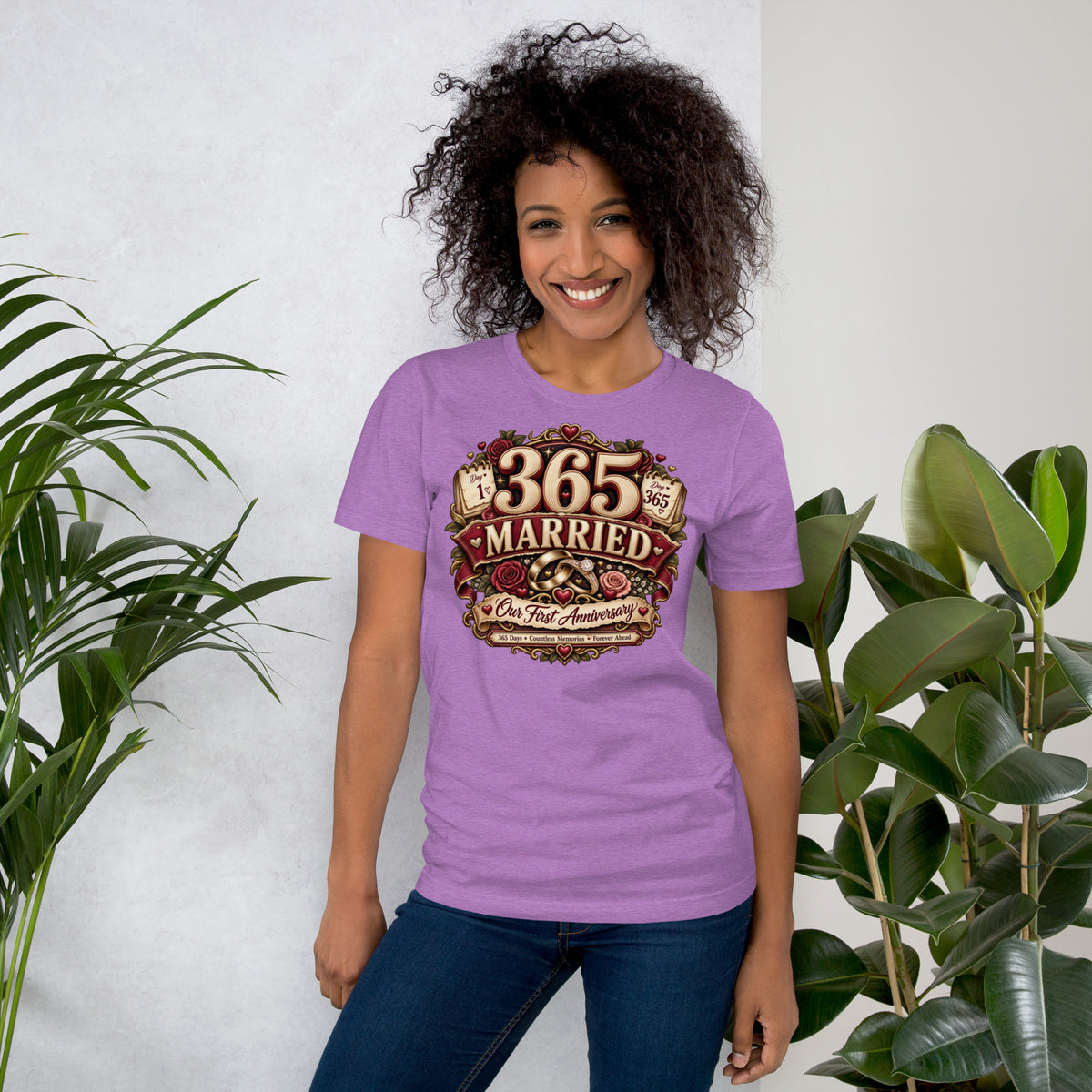 365 Days Married First Anniversary t-shirt in Heather Team Purple, front
