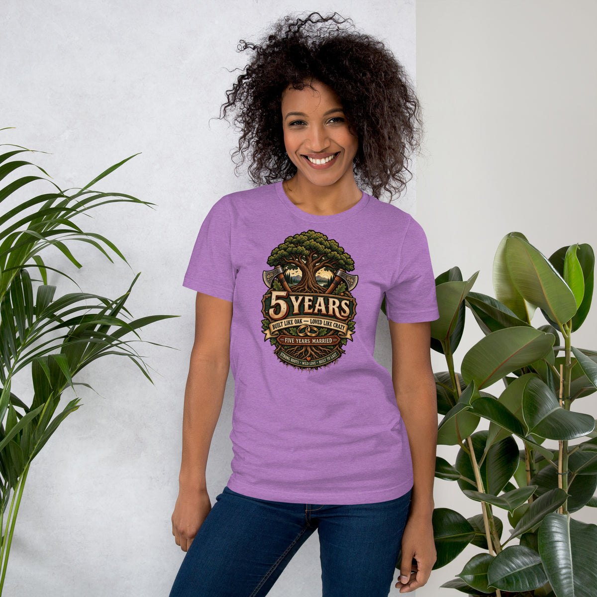 Built Like Oak 5th Anniversary t-shirt in Heather Team Purple, front