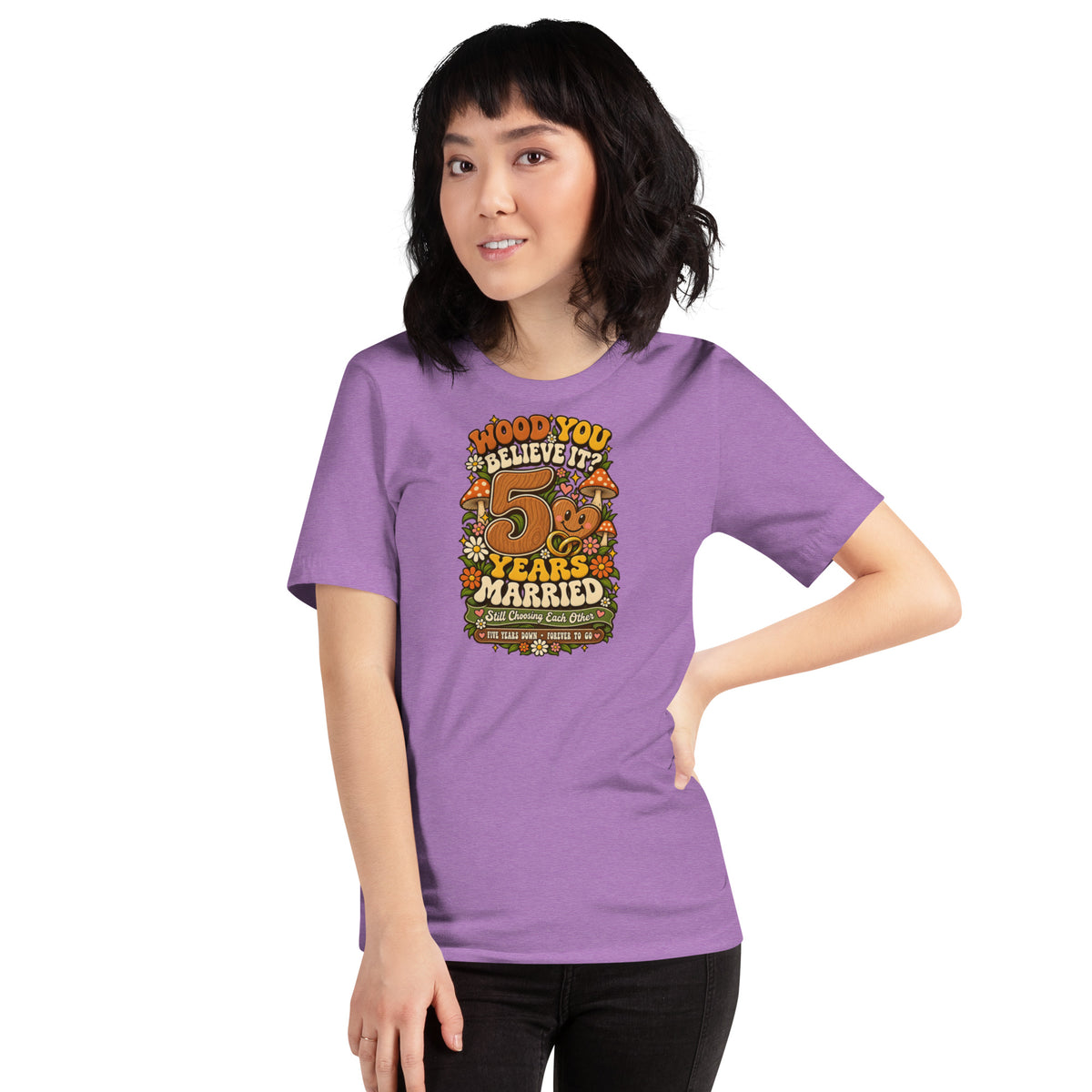 Wood You Believe It 5th Anniversary t-shirt in Heather Team Purple, front