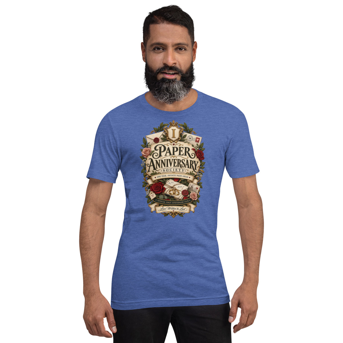 Paper Anniversary Society t-shirt in Heather True Royal, front