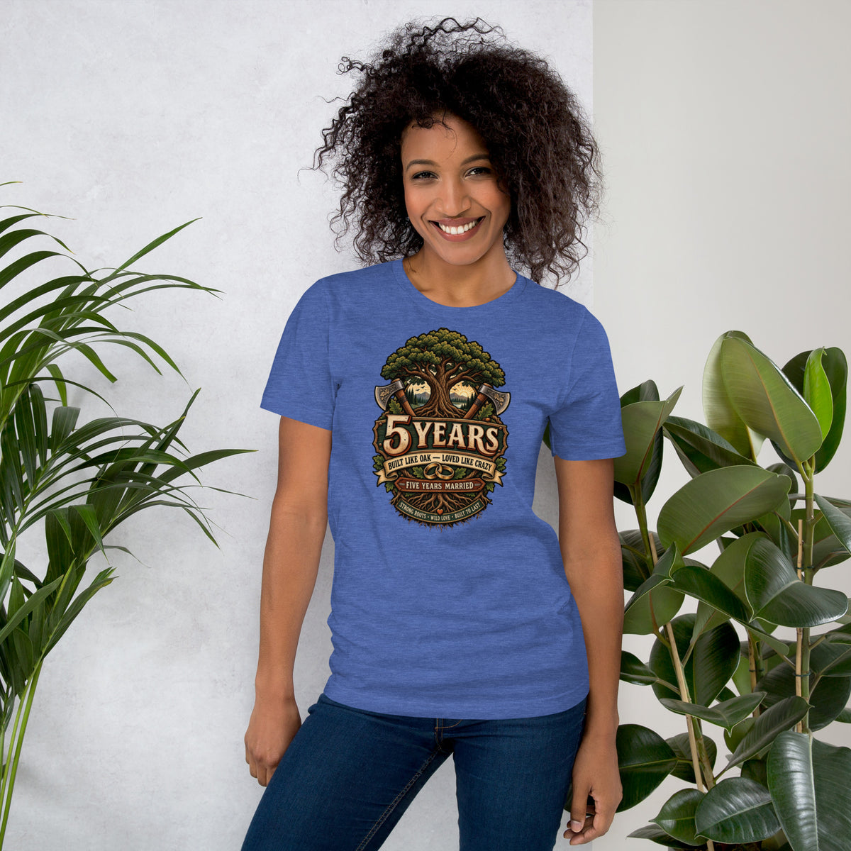 Built Like Oak 5th Anniversary t-shirt in Heather True Royal, front