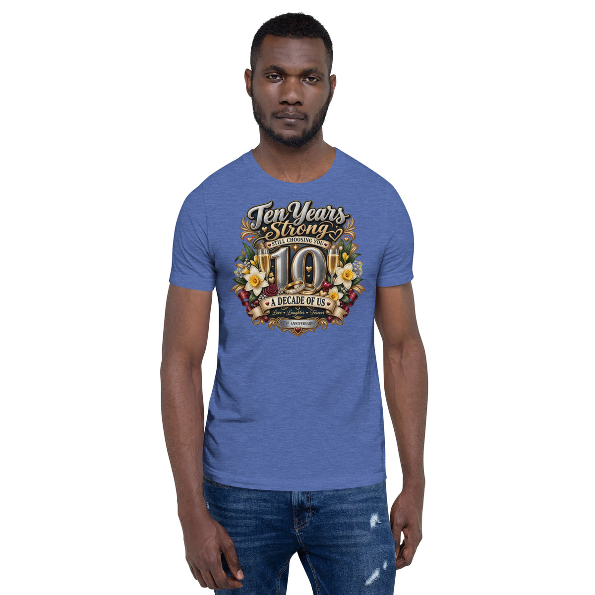 Ten Years Strong 10th Anniversary t-shirt in Heather True Royal, front