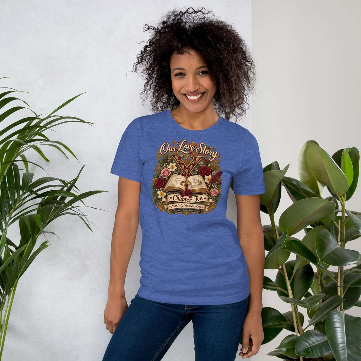 10th anniversary t-shirt featuring vintage design with flowers, celebrating a decade of love and memories.
