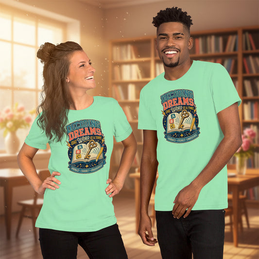Decoding Dreams Reading Teacher t-shirt in Mint, front