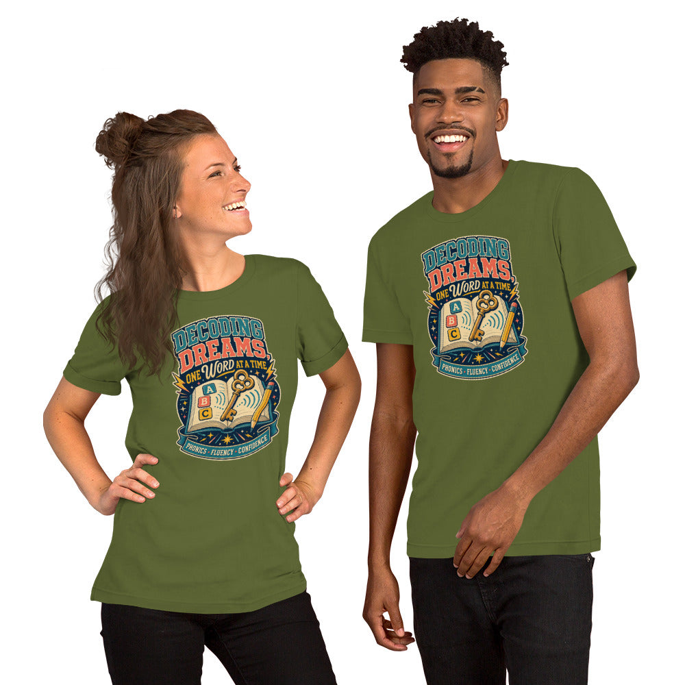 Decoding Dreams Reading Teacher t-shirt in Olive, front