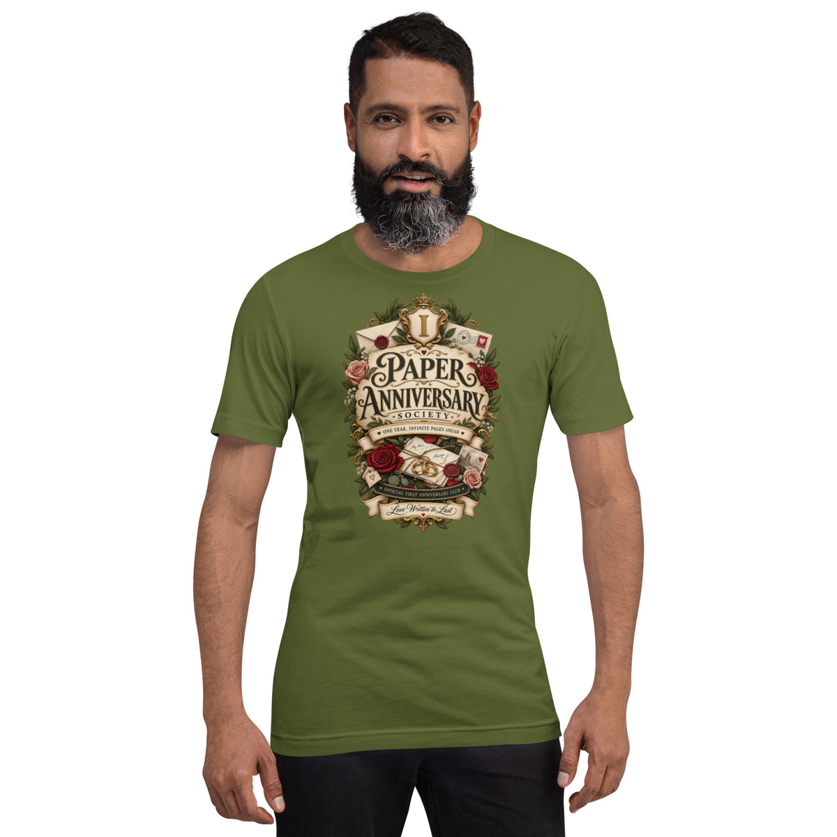 Paper Anniversary Society t-shirt in Olive, front