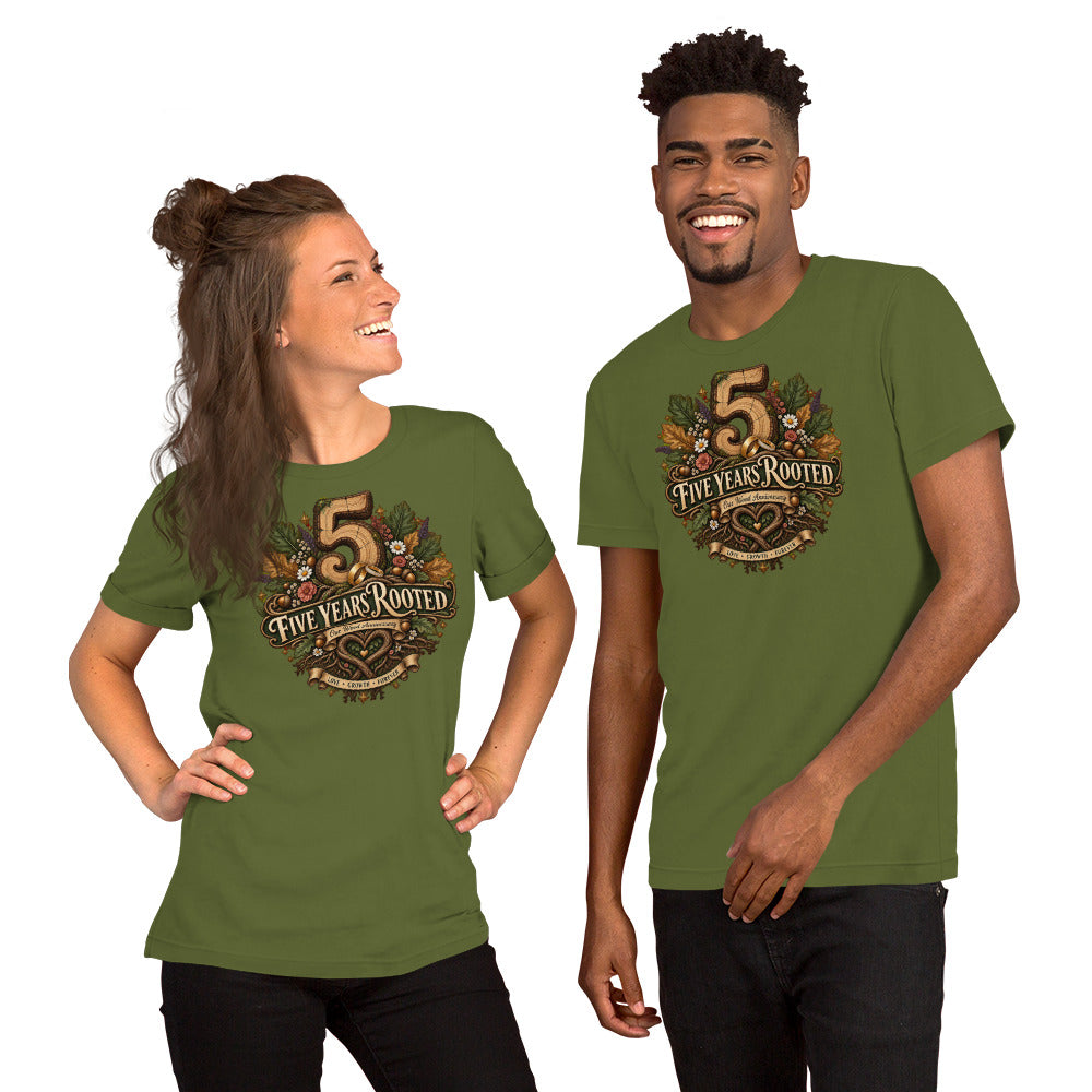 Five Years Rooted 5th Anniversary t-shirt in Olive, front
