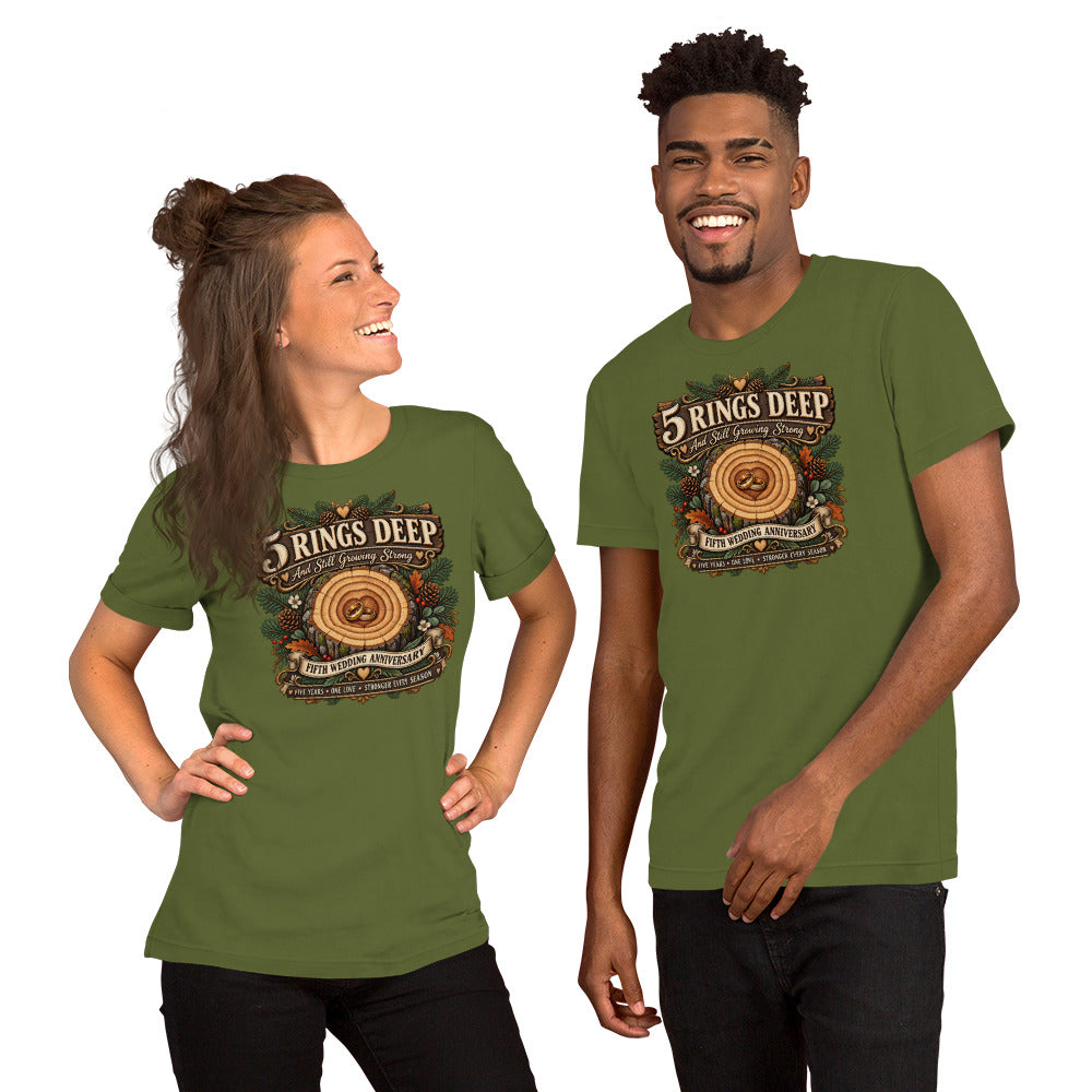 5 Rings Deep 5th Anniversary t-shirt in Olive, front