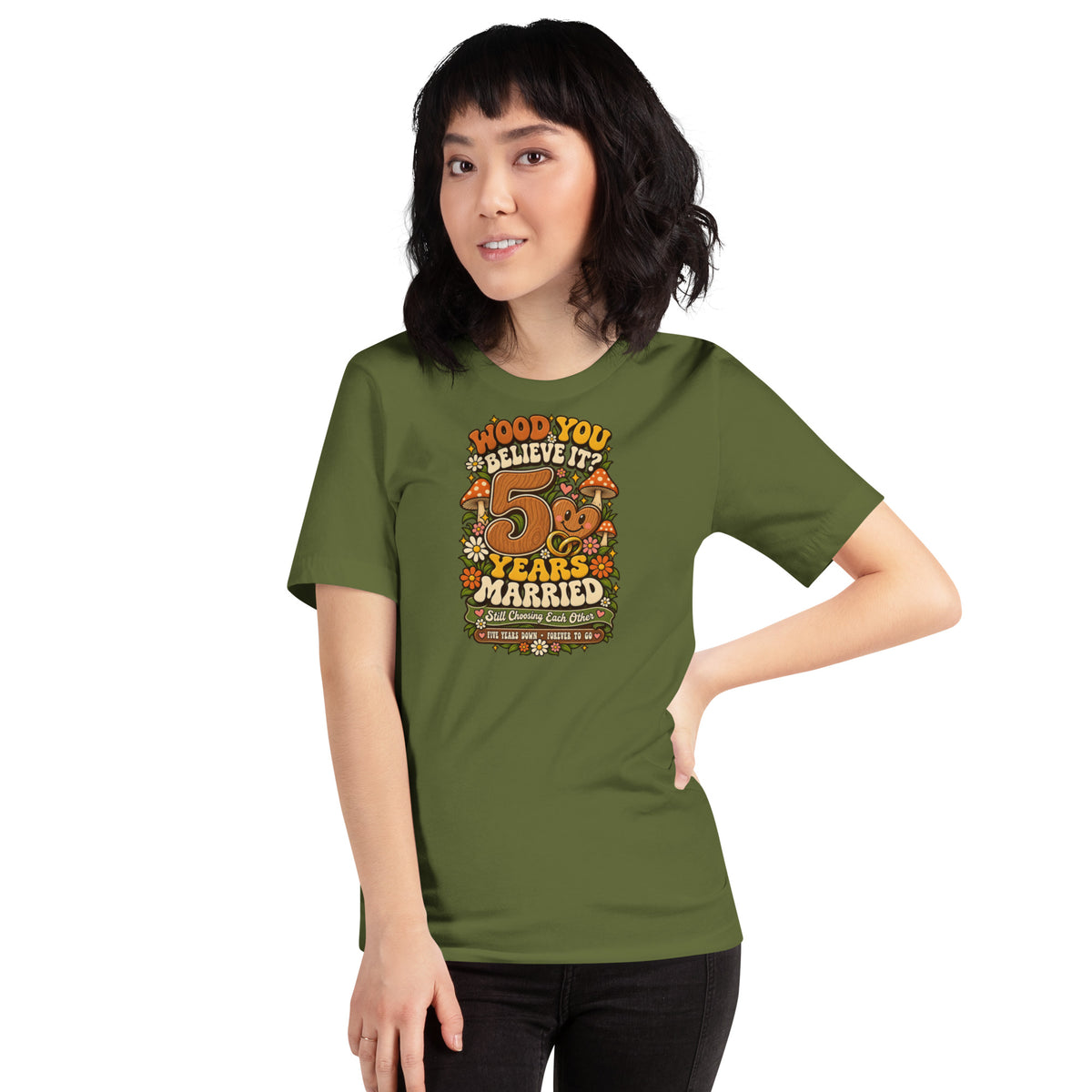 Wood You Believe It 5th Anniversary t-shirt in Olive, front