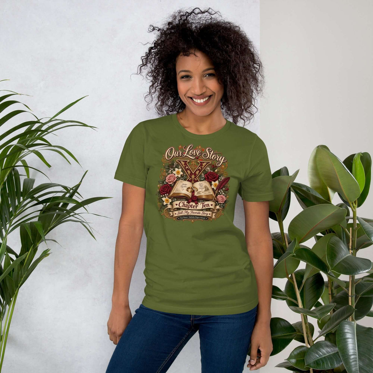 Woman wearing Our Love Story Chapter Ten 10th anniversary t-shirt with vintage design, celebrating a decade of love.