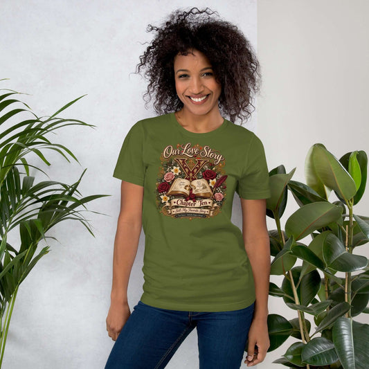 Woman wearing Our Love Story Chapter Ten 10th anniversary t-shirt with vintage design, celebrating a decade of love.