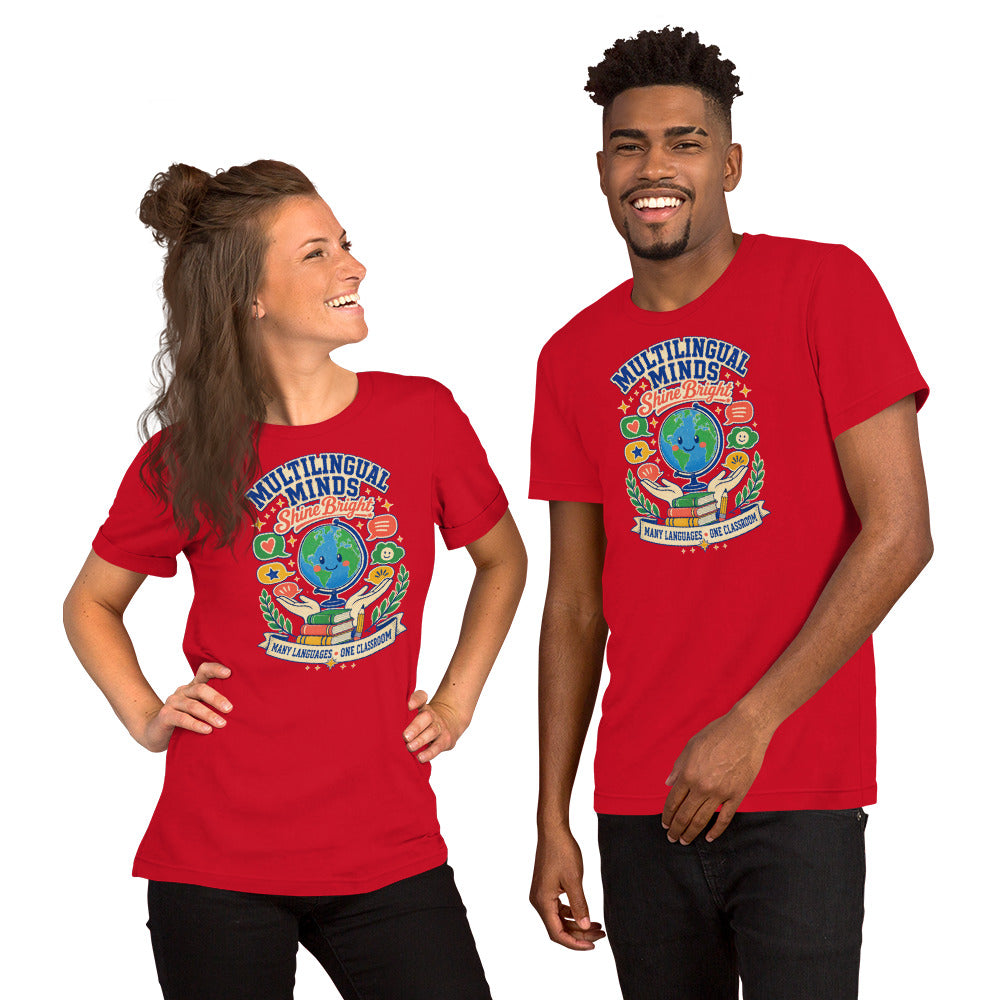 Multilingual Minds Shine Bright Teacher t-shirt in Red, front