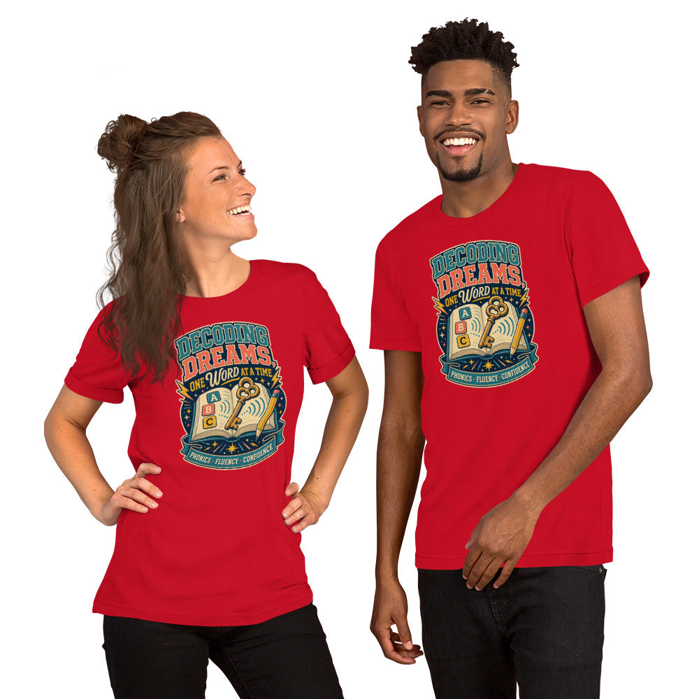 Decoding Dreams Reading Teacher t-shirt in Red, front