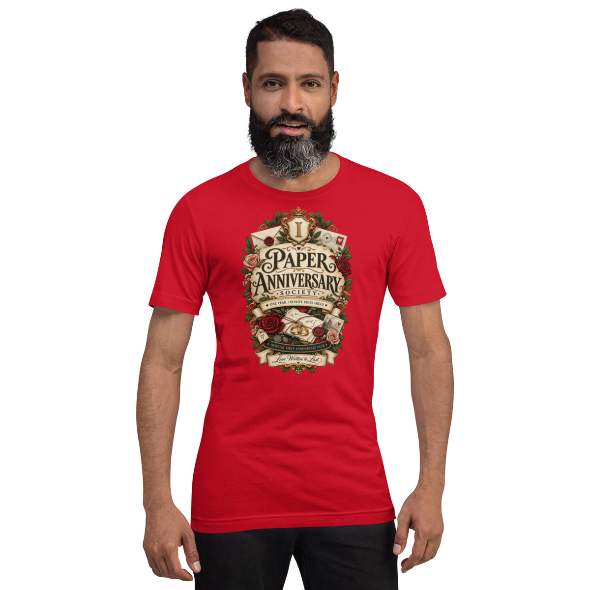 Paper Anniversary Society t-shirt in Red, front