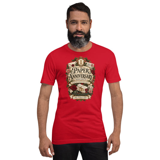 Paper Anniversary Society t-shirt in Red, front