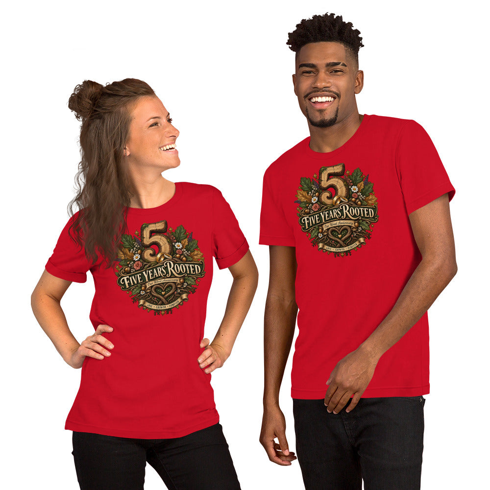 Five Years Rooted 5th Anniversary t-shirt in Red, front