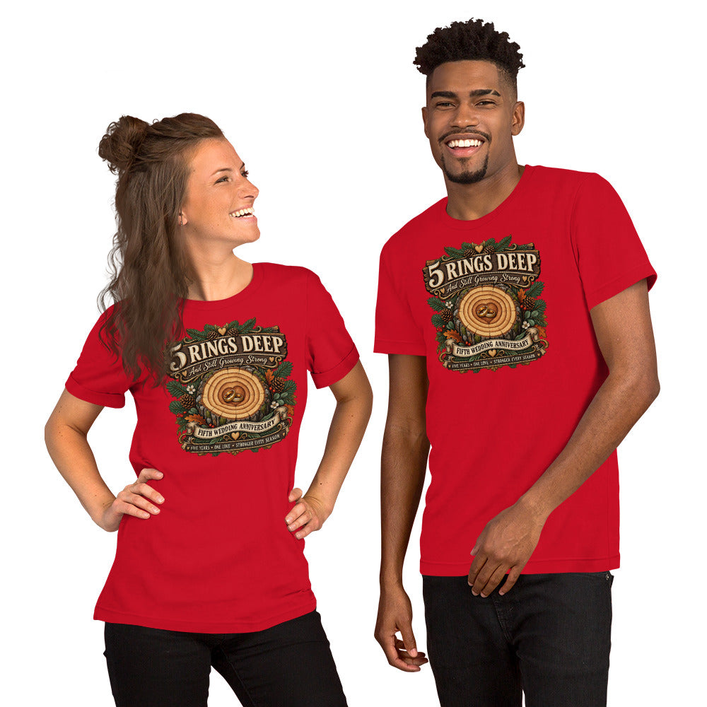 5 Rings Deep 5th Anniversary t-shirt in Red, front