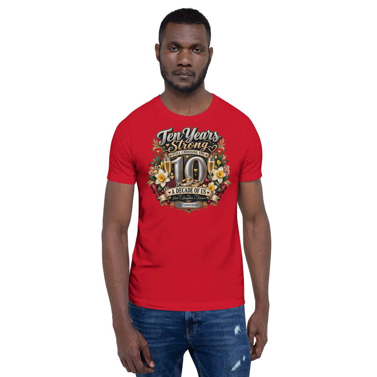 Ten Years Strong 10th Anniversary t-shirt in Red, front