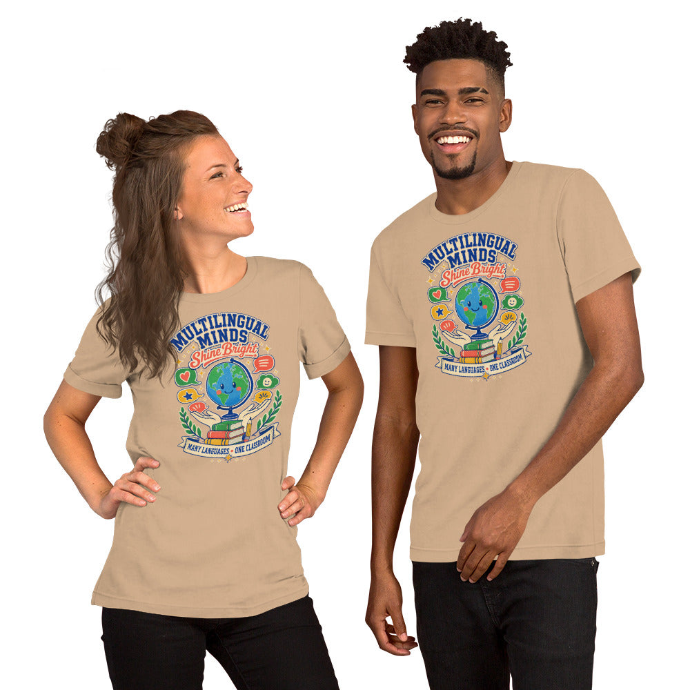 Multilingual Minds Shine Bright Teacher t-shirt in Tan, front