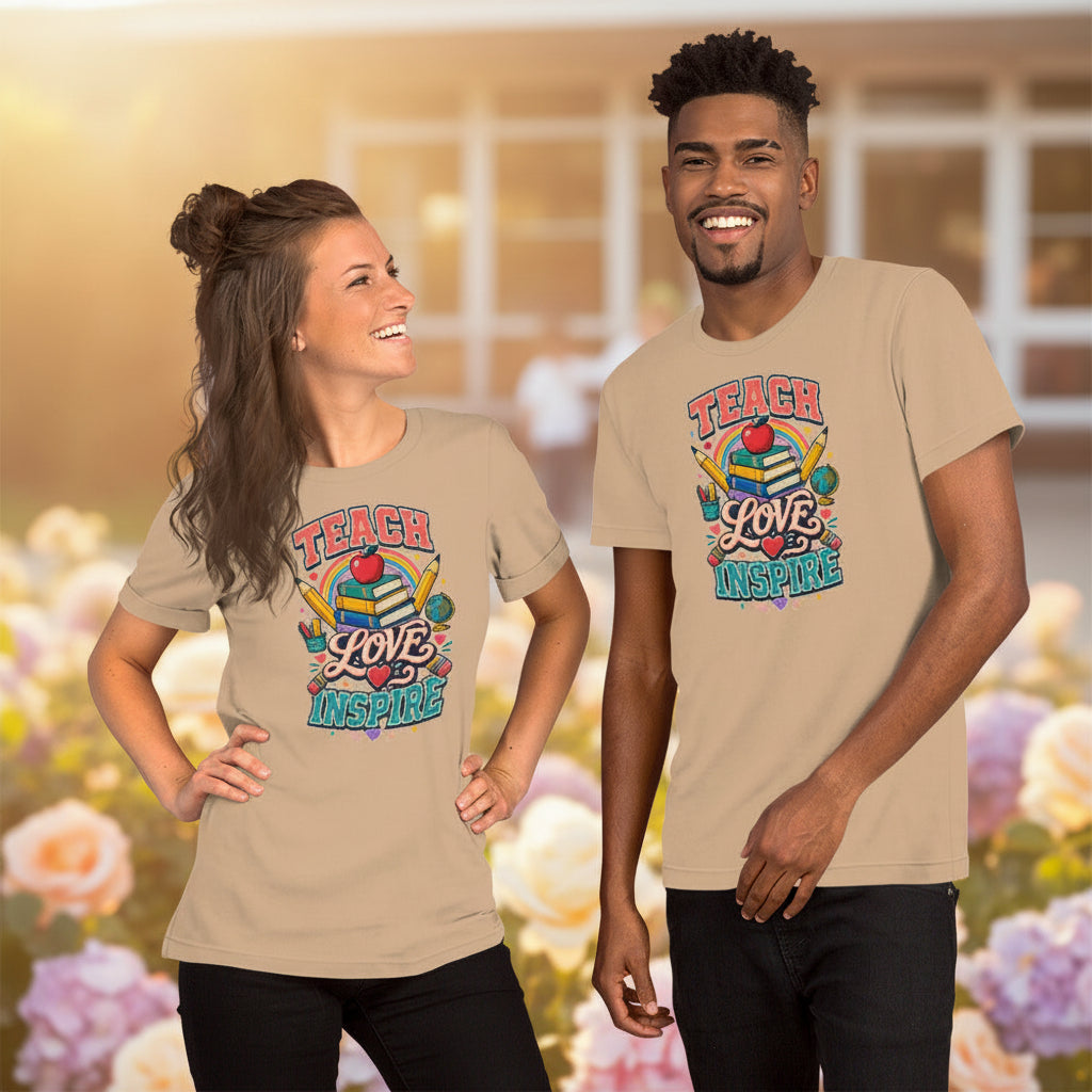 Teach Love Inspire Colorful Teacher t-shirt in Tan, front