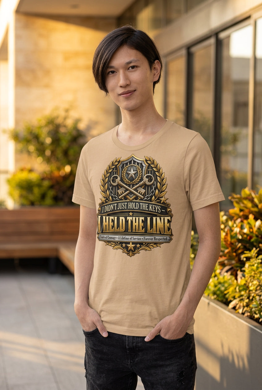 A model wearing a beige crewneck t-shirt with a detailed graphic on the chest that reads 'I DON'T JUST HOLD THE KEYS, I HELD THE LINE' in gold and black, paired with dark jeans, against a plain white background.