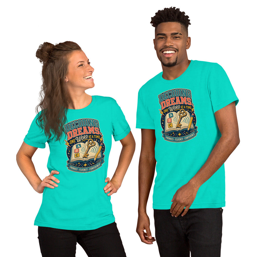 Decoding Dreams Reading Teacher t-shirt in Teal, front