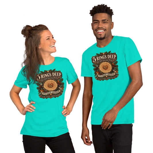 5 Rings Deep 5th Anniversary t-shirt in Teal, front