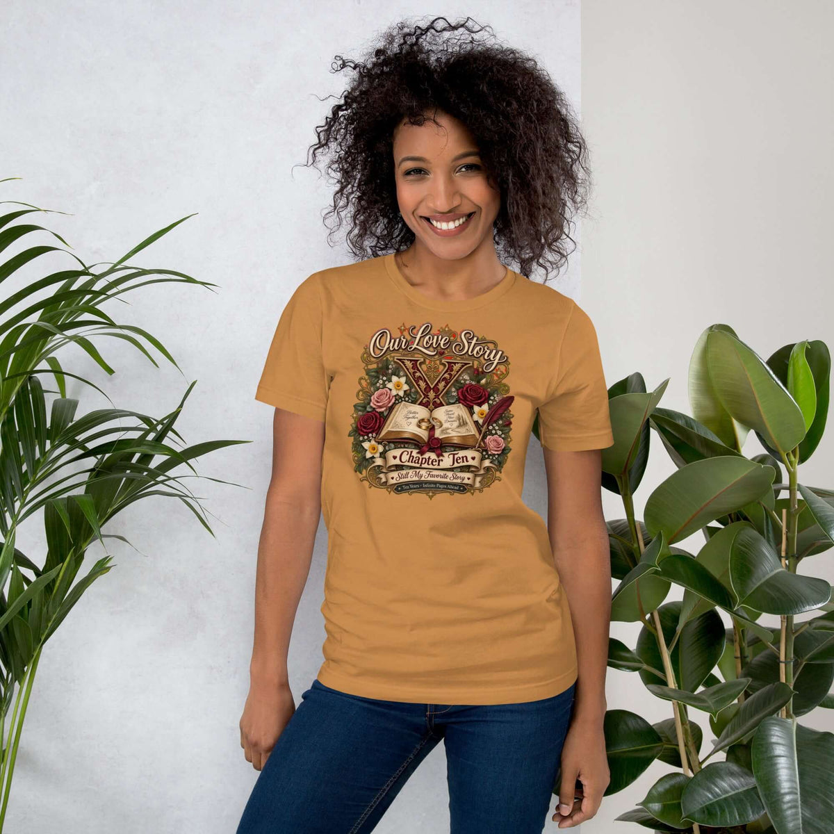 Woman wearing Our Love Story Chapter Ten Anniversary T-Shirt celebrating a 10th anniversary t-shirt milestone.