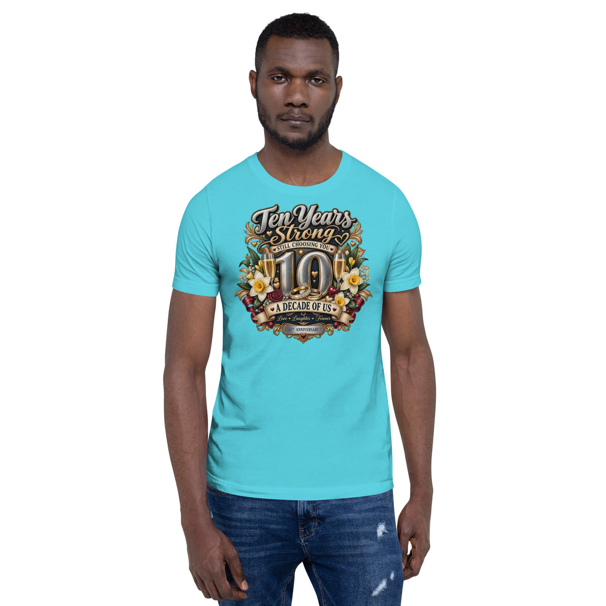 Ten Years Strong 10th Anniversary t-shirt in Turquoise, front