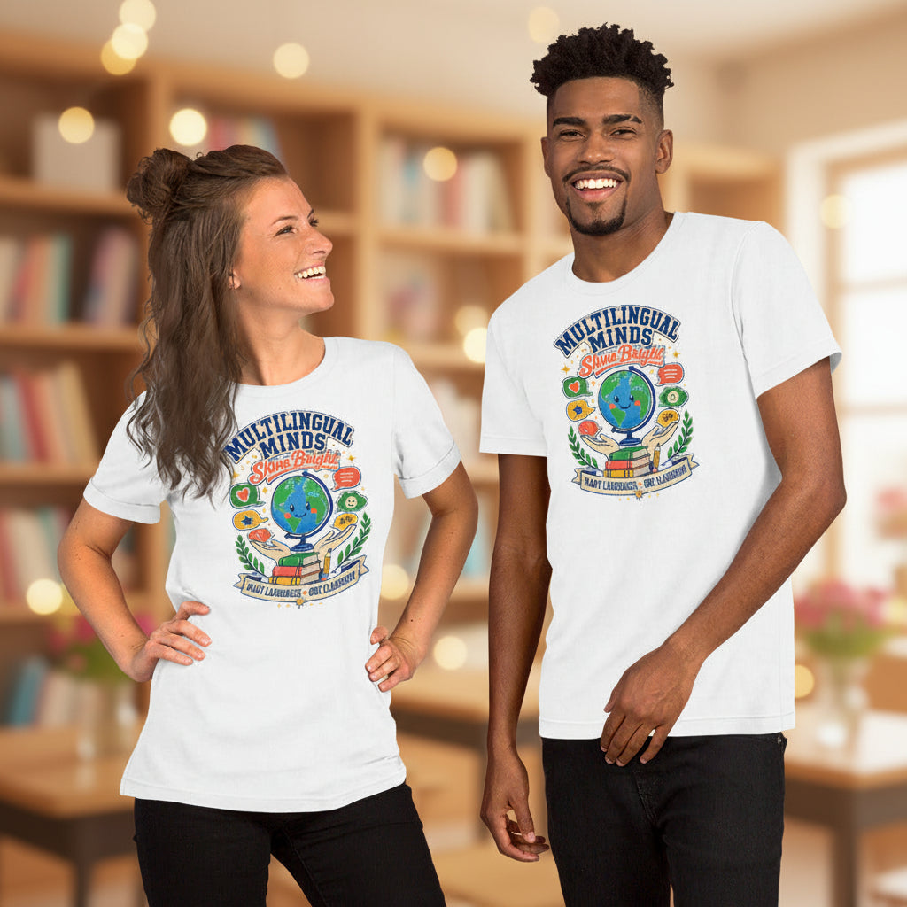 Multilingual Minds Shine Bright Teacher t-shirt in White, front