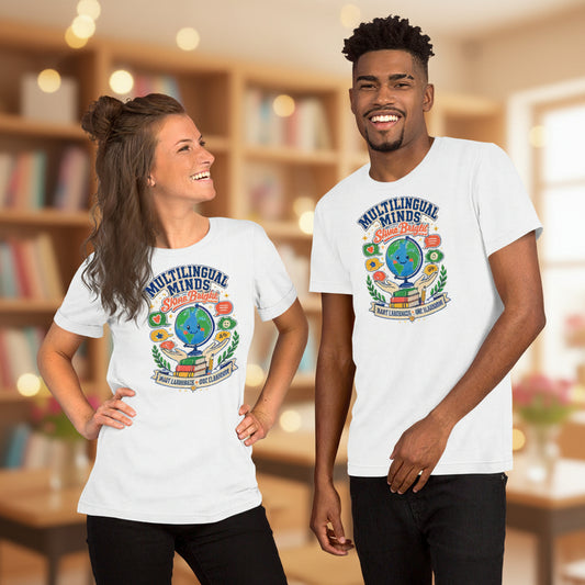 Multilingual Minds Shine Bright Teacher t-shirt in White, front