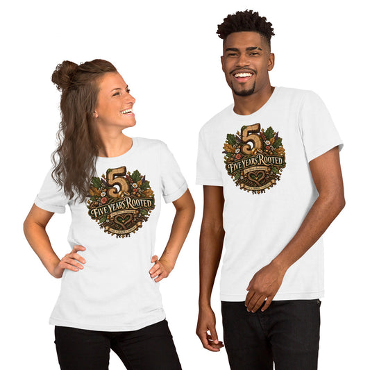 Five Years Rooted 5th Anniversary t-shirt in White, front