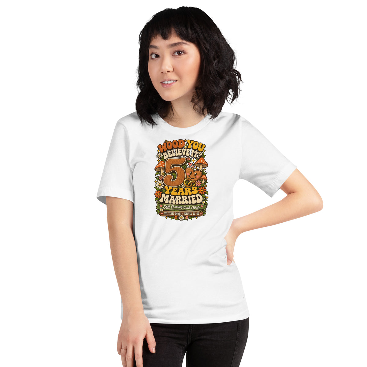 Wood You Believe It 5th Anniversary t-shirt in White, front