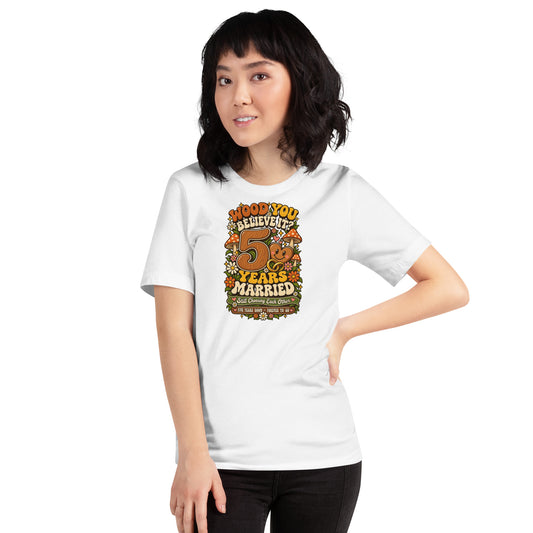Wood You Believe It 5th Anniversary t-shirt in White, front
