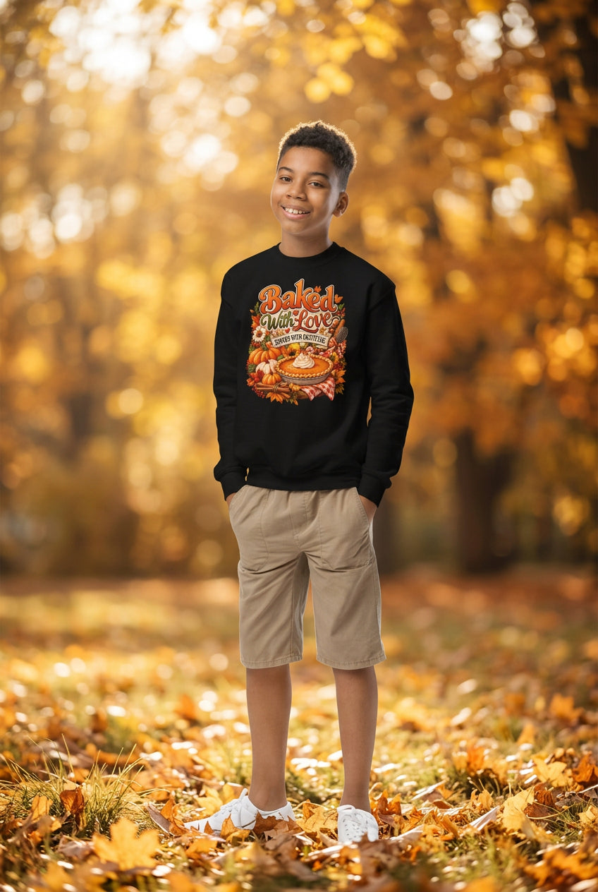 Child wearing a navy sweatshirt with a graphic and text, standing against a white background