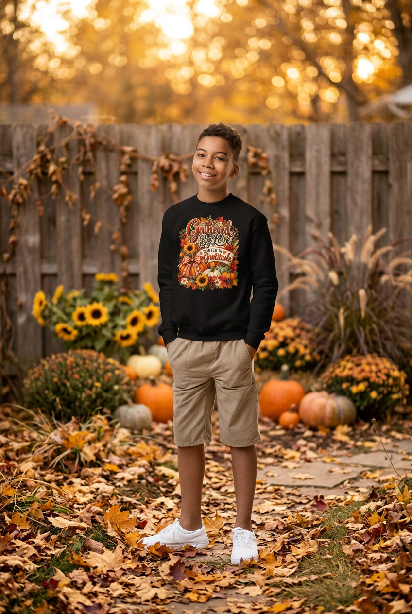 Child wearing a navy sweatshirt with a graphic and text, standing against a white background