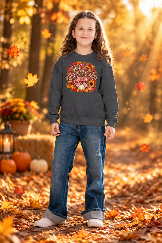 A young girl with long brown hair stands against a white background wearing a dark gray crewneck sweatshirt with a yellow and red helmet graphic on the chest, blue jeans, and pink slip-on shoes.