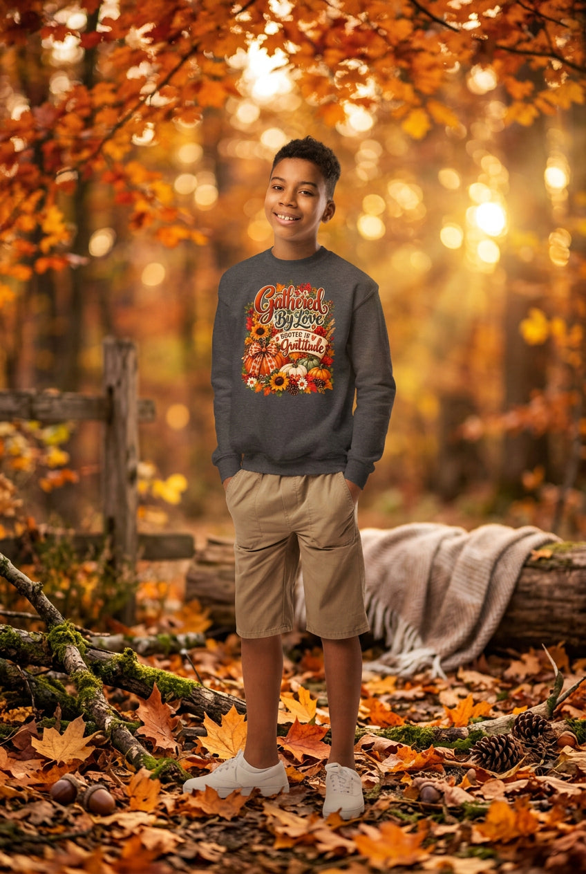 A young boy modeling a dark gray crewneck sweatshirt with a colorful autumn-themed graphic that reads 'Cautious Fall Weather'. He is wearing khaki shorts and white sneakers against a plain white background.