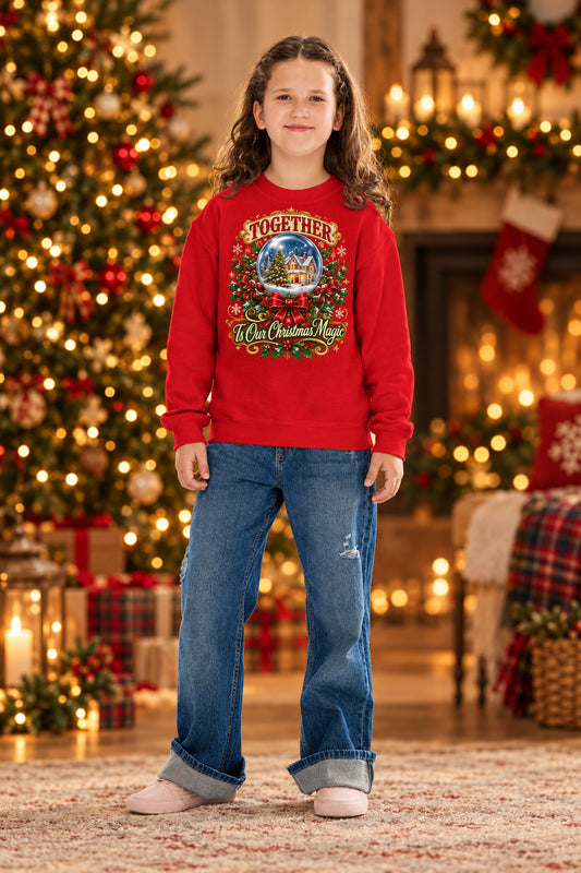 A young girl with long brown hair stands against a white background wearing a bright red crewneck sweatshirt with a large, colorful Christmas-themed graphic on the chest, paired with blue jeans and pink slip-on shoes.