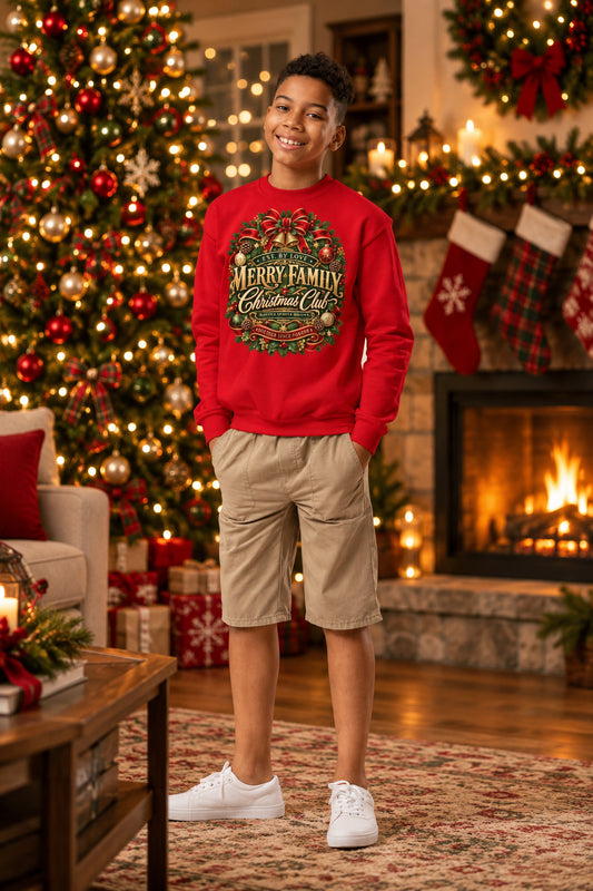 A young boy stands against a plain white background wearing a bright red crewneck sweatshirt with a large 'Merry Family Christmas Club' holiday graphic on the chest, khaki shorts, and white sneakers.
