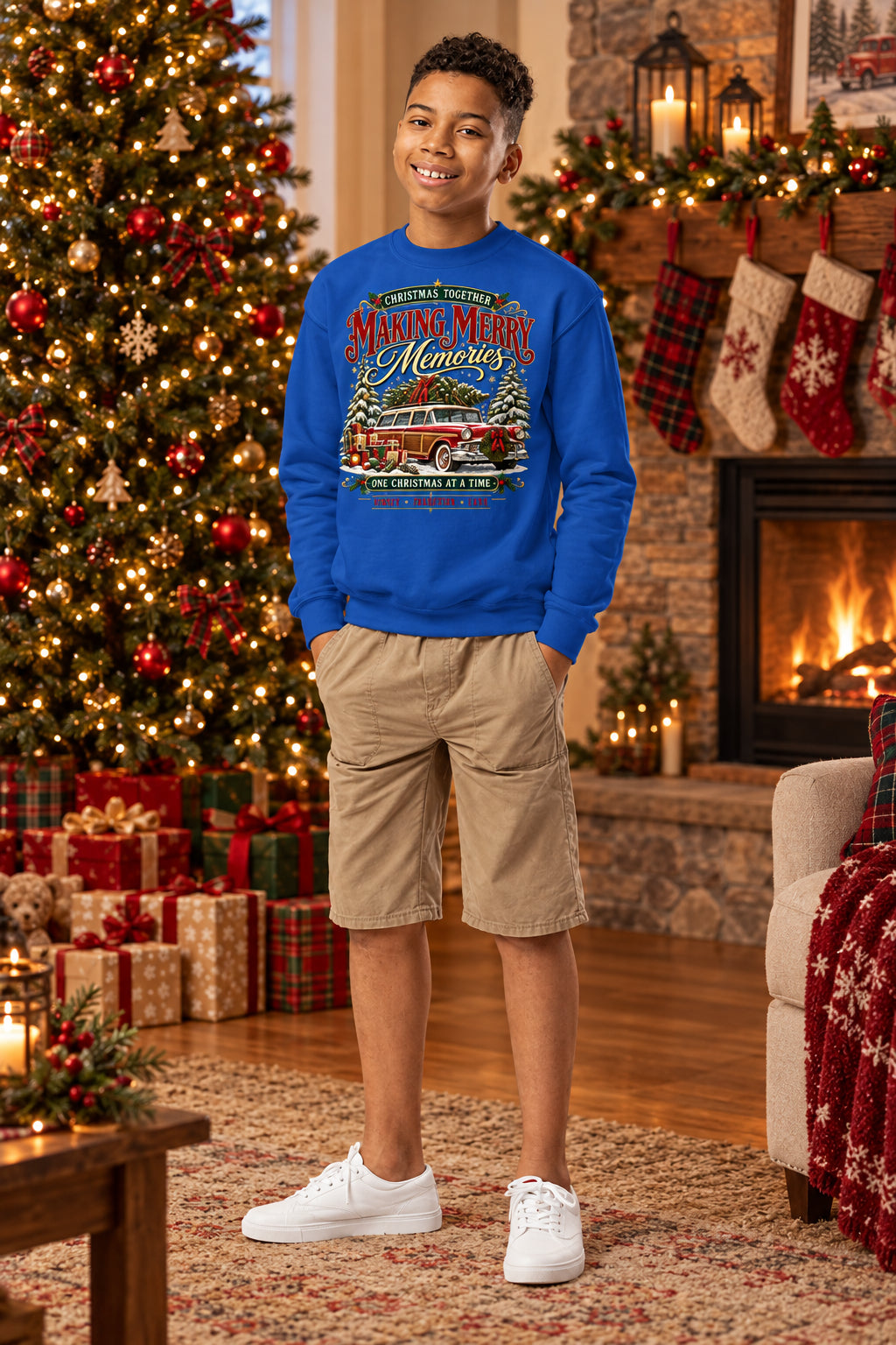 A young boy stands against a plain white background wearing a royal blue crewneck sweatshirt with a colorful vintage fire station graphic on the chest, khaki shorts, and white sneakers.